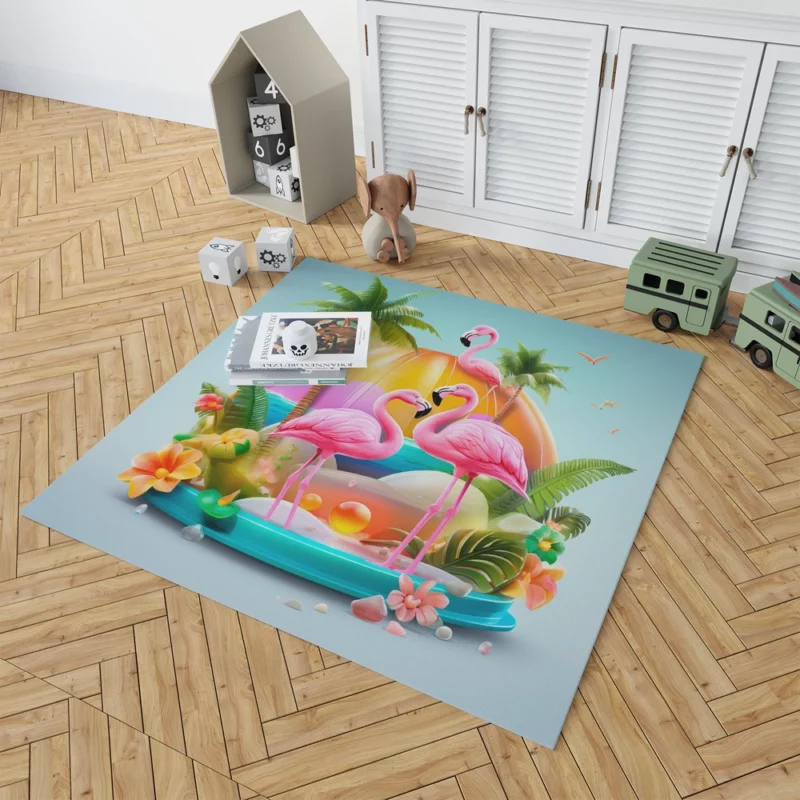 Summer Flamingos Illustration Rug 1