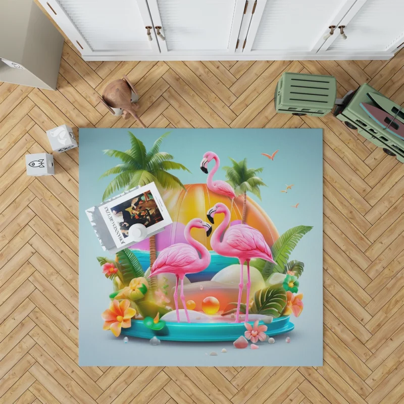 Summer Flamingos Illustration Rug