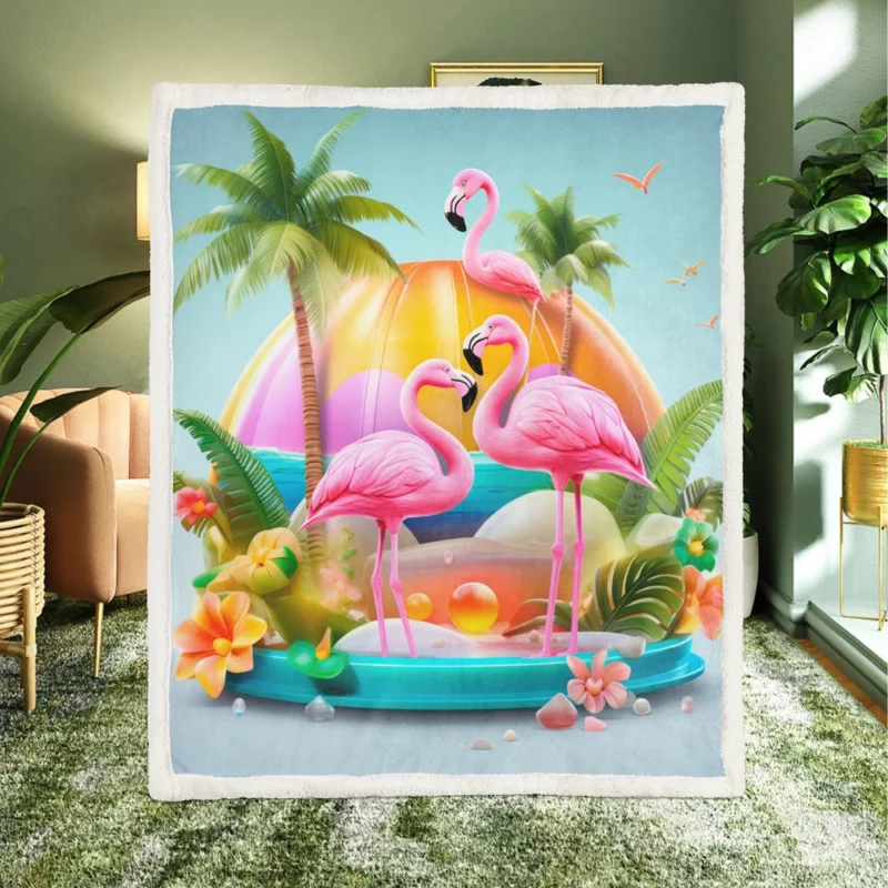 Summer Flamingos Illustration Sherpa Fleece Blanket