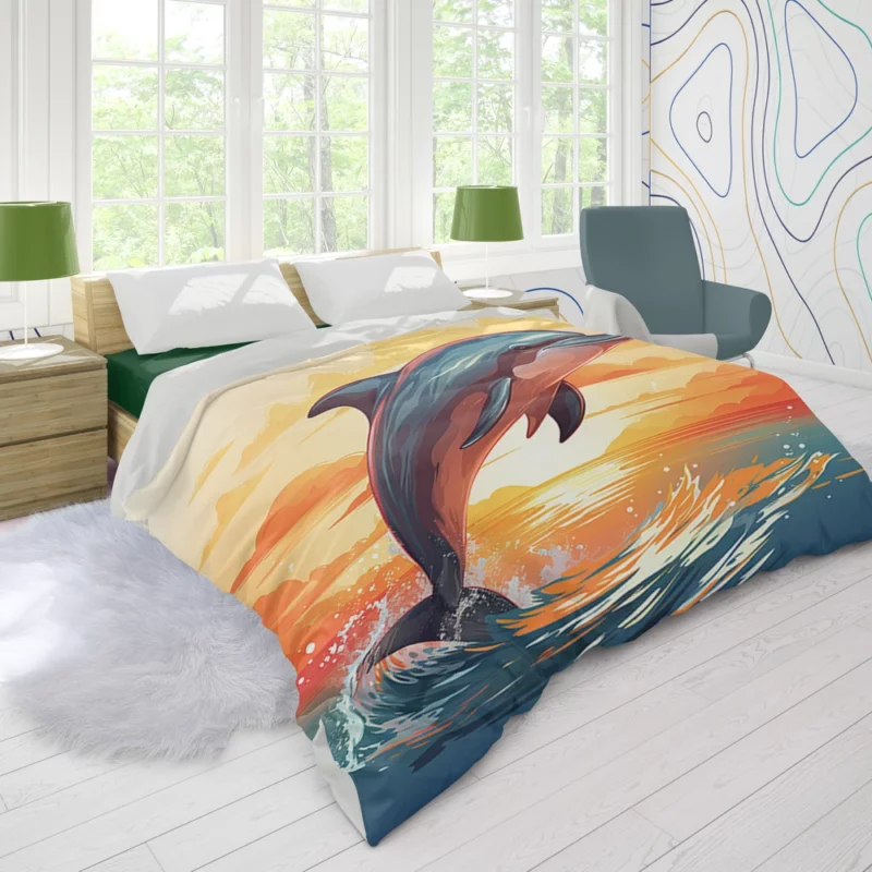 Sunset Dolphin Silhouette Duvet Cover