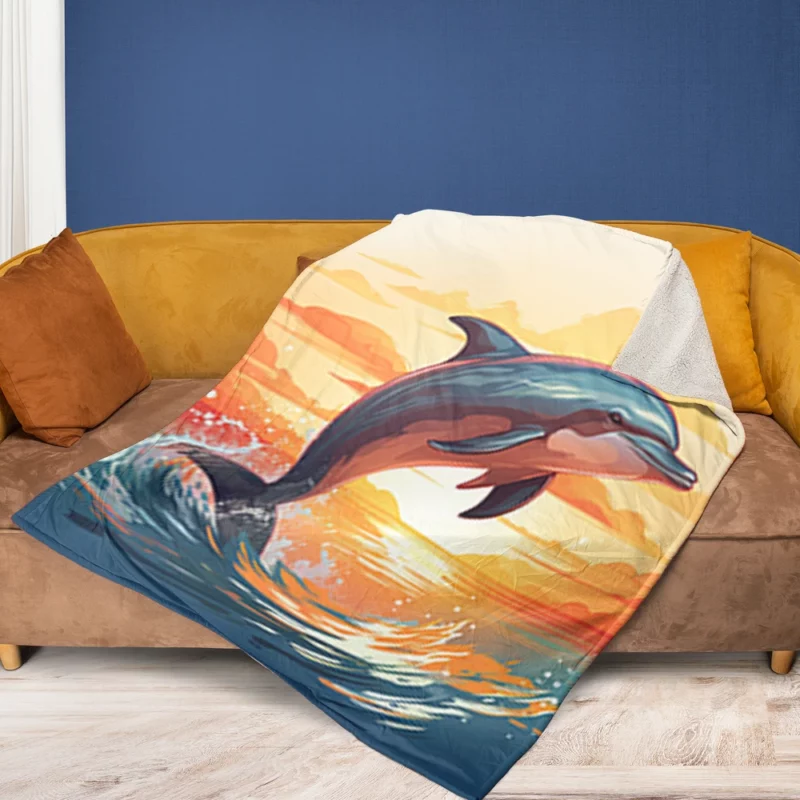 Sunset Dolphin Silhouette Fleece Blanket 1