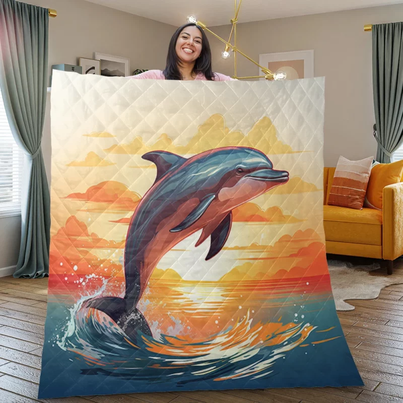 Sunset Dolphin Silhouette Quilt Blanket