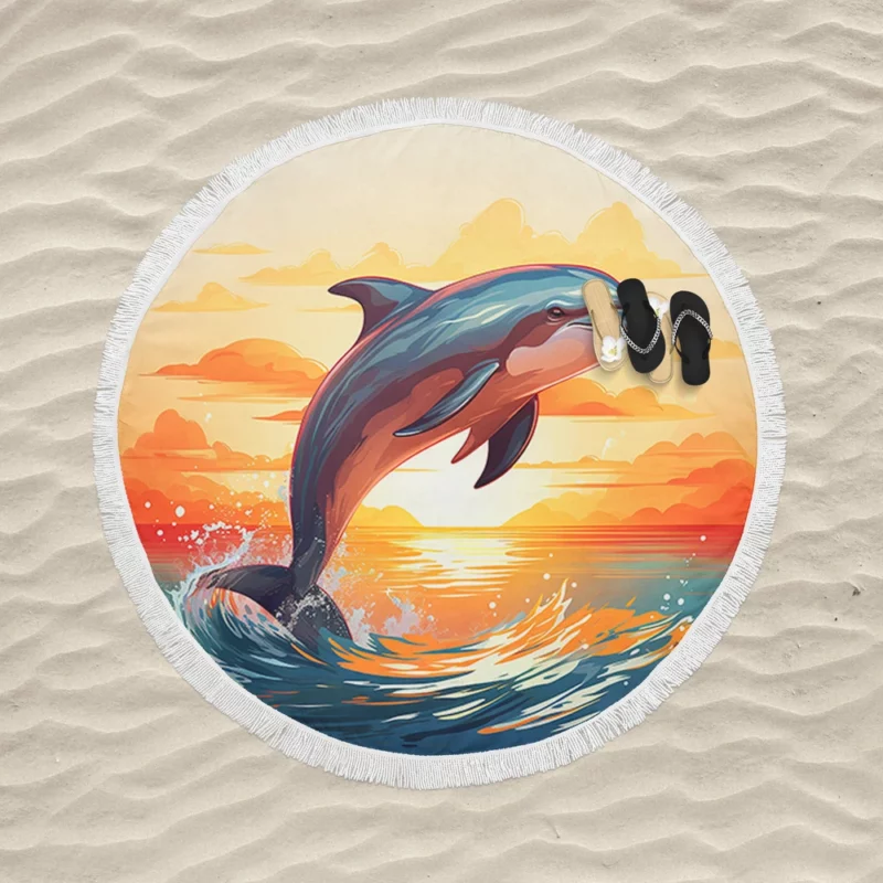 Sunset Dolphin Silhouette Round Beach Towel