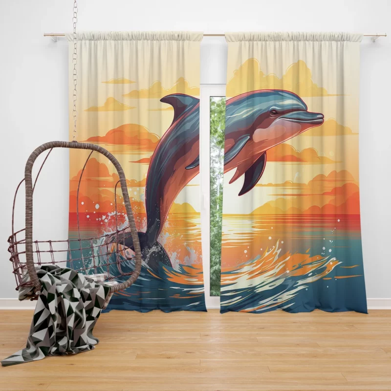 Sunset Dolphin Silhouette Window Curtain