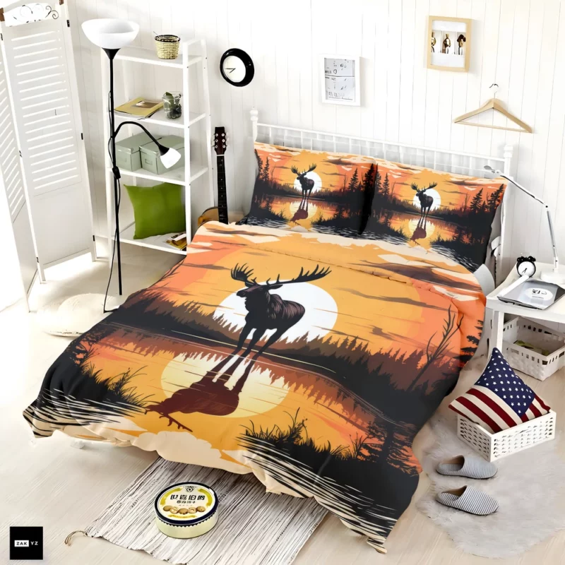 Sunset Moose Among Trees Bedding Set