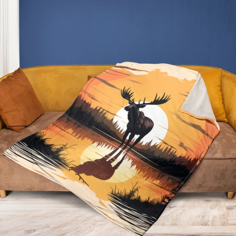 Sunset Moose Among Trees Fleece Blanket 1