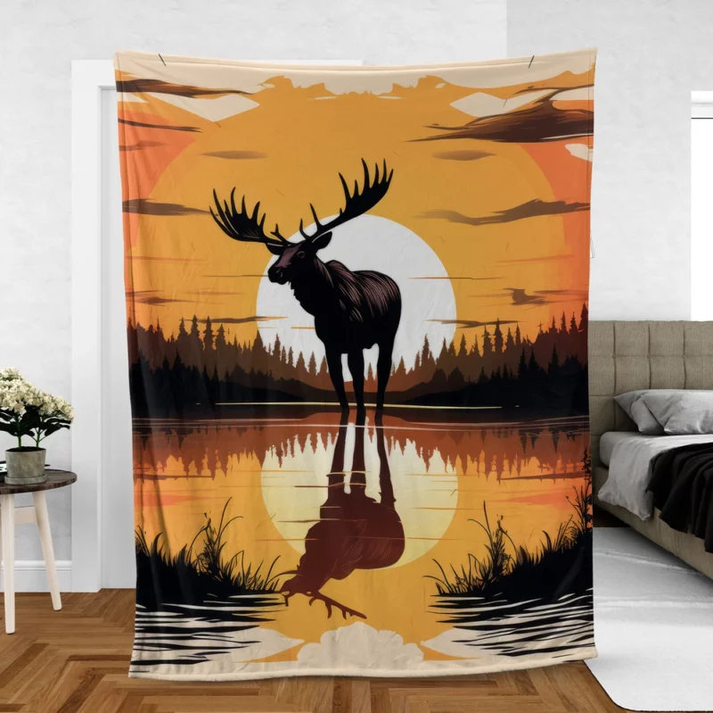 Sunset Moose Among Trees Fleece Blanket