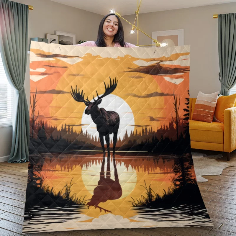 Sunset Moose Among Trees Quilt Blanket