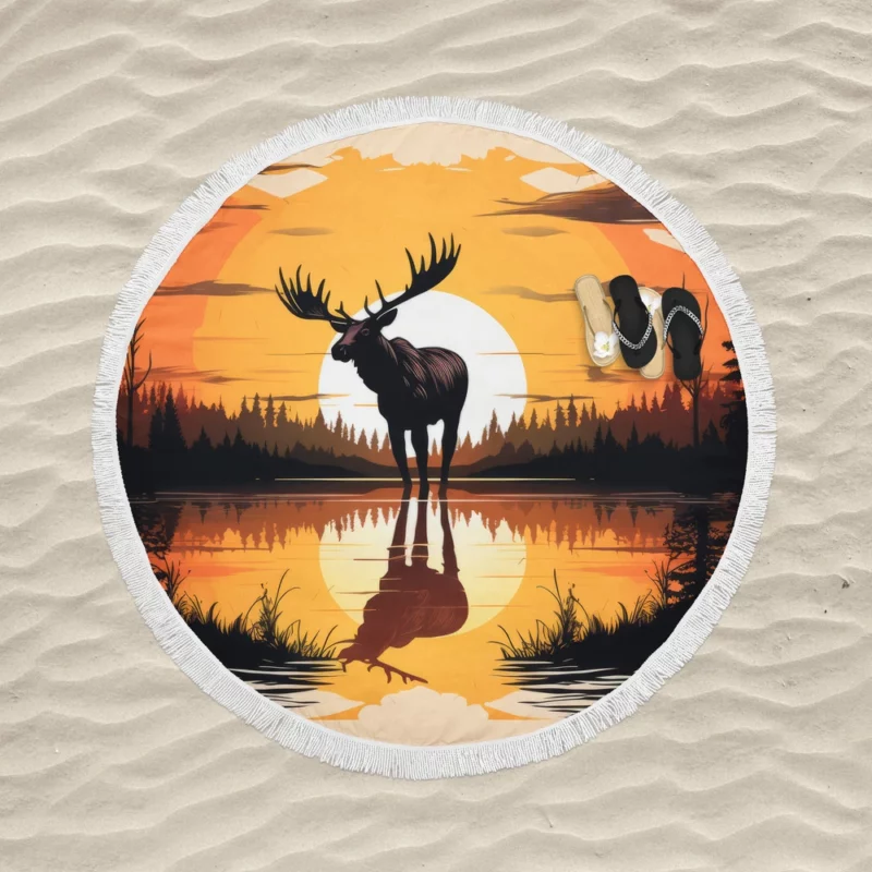 Sunset Moose Among Trees Round Beach Towel