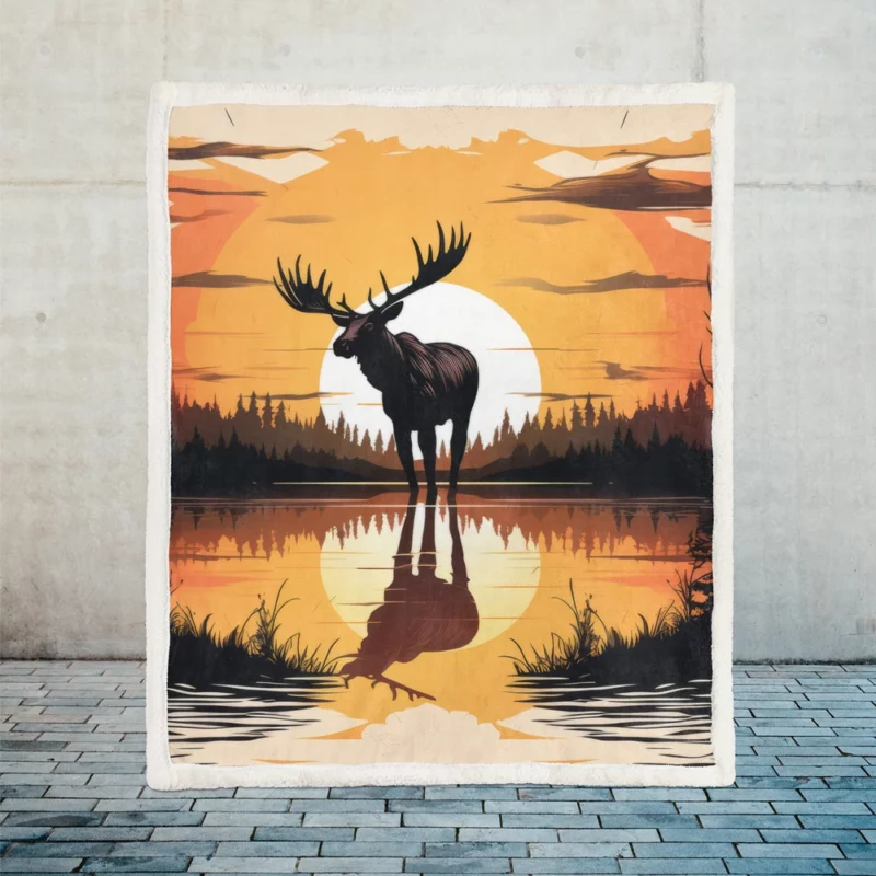 Sunset Moose Among Trees Sherpa Fleece Blanket