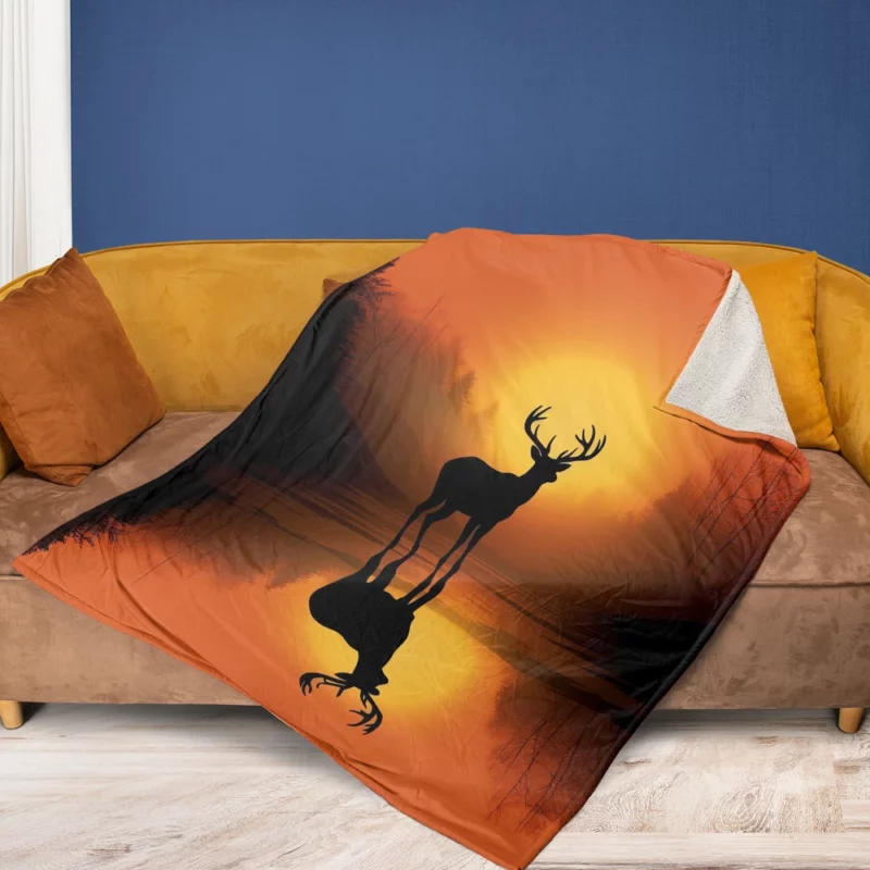 Sunset Over African Plains Antelopes Silhouetted Fleece Blanket 1