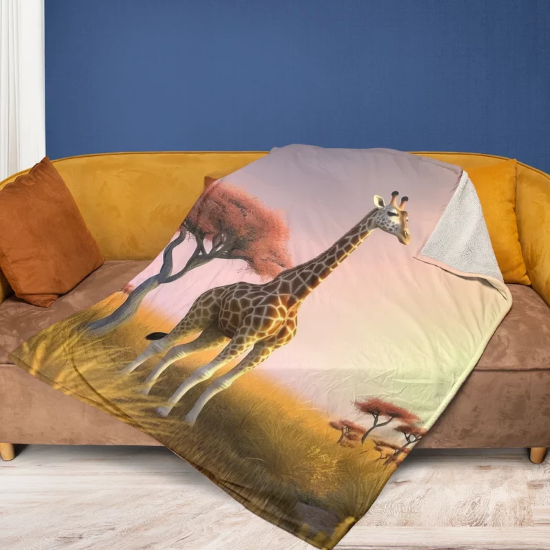 Sunset Silhouette of a Giraffe Fleece Blanket 1