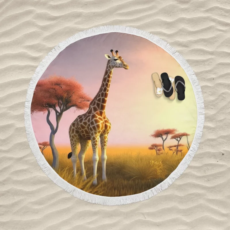 Sunset Silhouette of a Giraffe Round Beach Towel