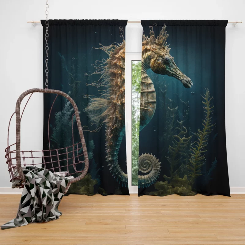 Swimming Seahorse AI Art Window Curtain