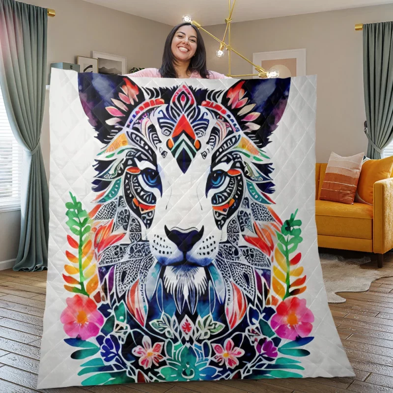 Tiger With a Floral Face Quilt Blanket