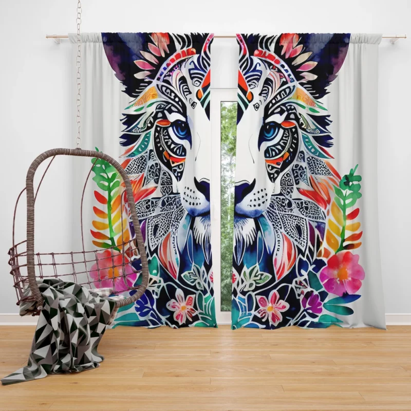 Tiger With a Floral Face Window Curtain