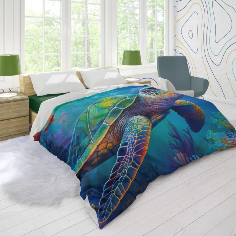 Turtle in Vibrant Coral Reef Duvet Cover