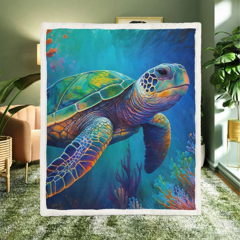 Turtle in Vibrant Coral Reef Sherpa Fleece Blanket