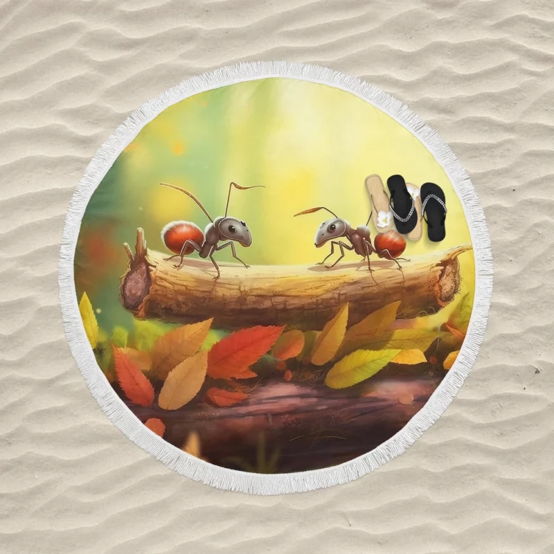 Two Ants on Log Painting Round Beach Towel