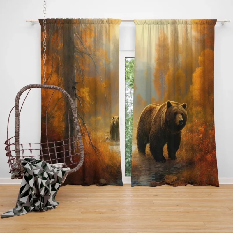 Two Bears by a Forest Stream Window Curtain