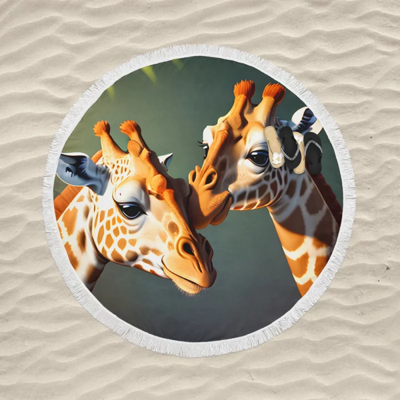 Two Giraffes Touching Heads Round Beach Towel