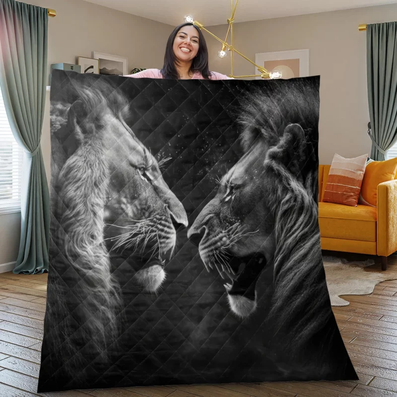 Two Lions Fighting Portrait Quilt Blanket