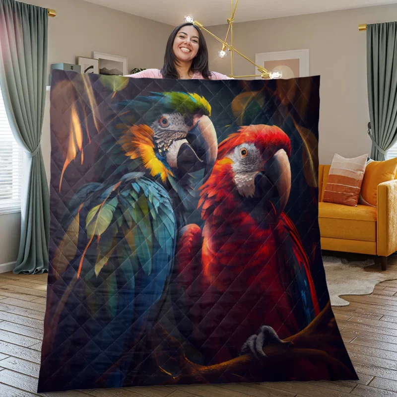 Two Macaws in Forest Painting Quilt Blanket