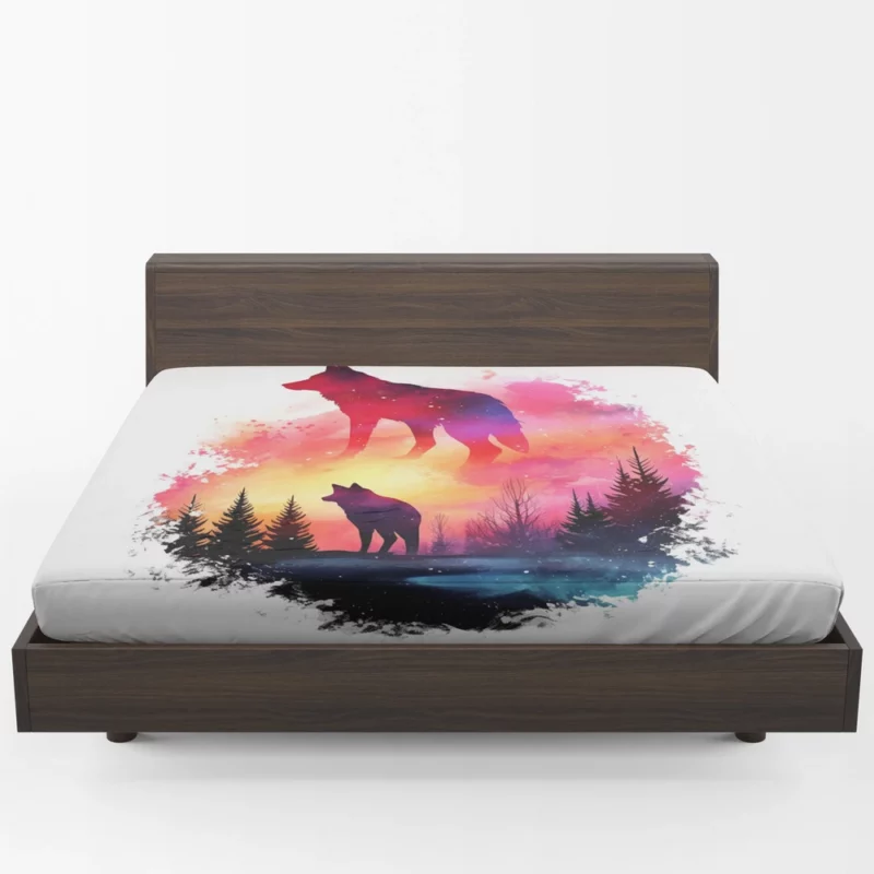 Two Wolves Standing in Sunset Light Fitted Sheet 1