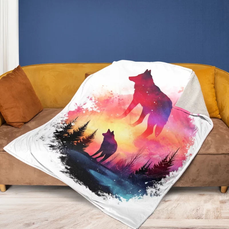 Two Wolves Standing in Sunset Light Fleece Blanket 1