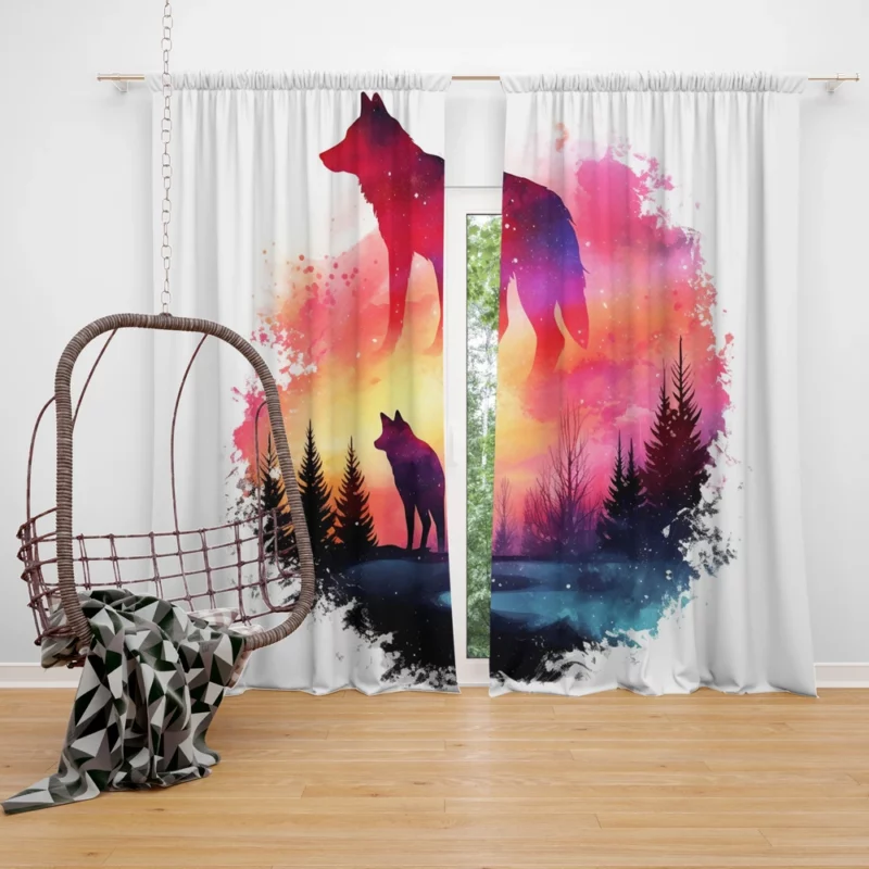 Two Wolves Standing in Sunset Light Window Curtain