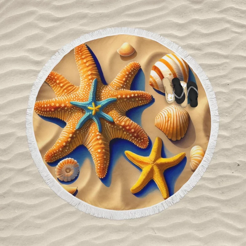 Vibrant Beach Starfish Art Round Beach Towel