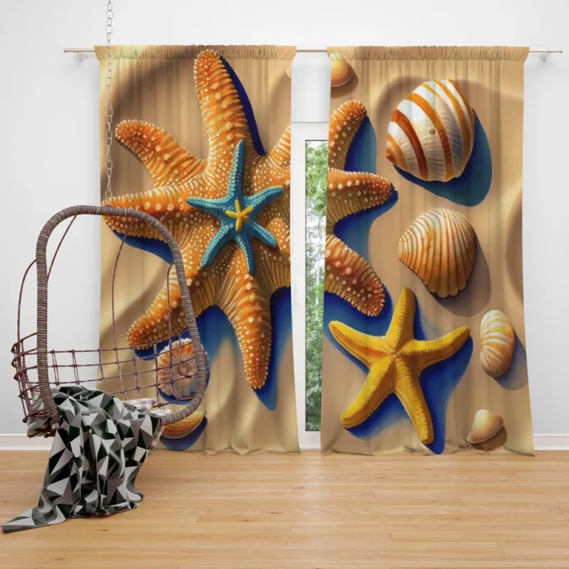 Vibrant Beach Starfish Art Window Curtain