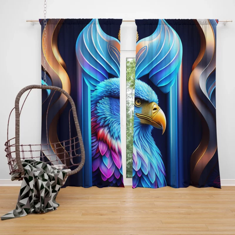 Vibrant Bird on Blue Background Window Curtain