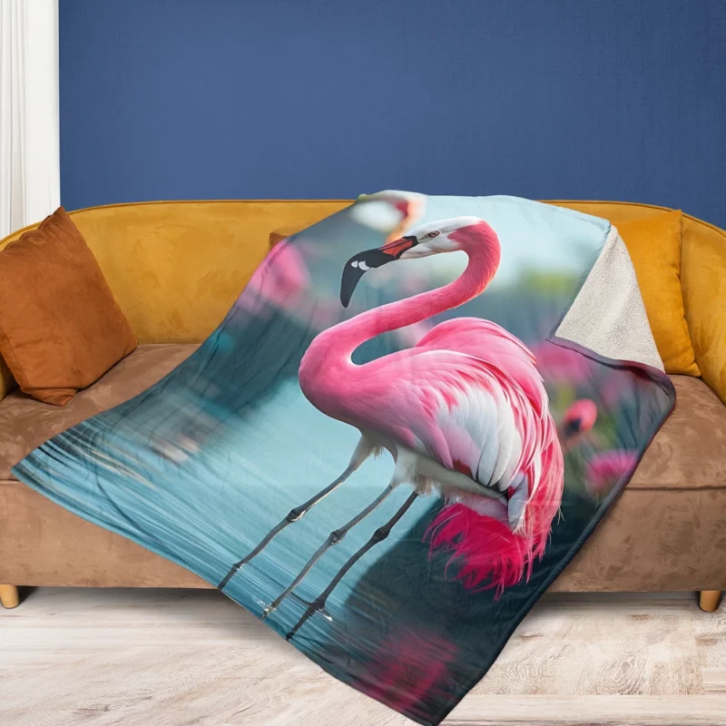 Vibrant Flamingo in Water Fleece Blanket 1