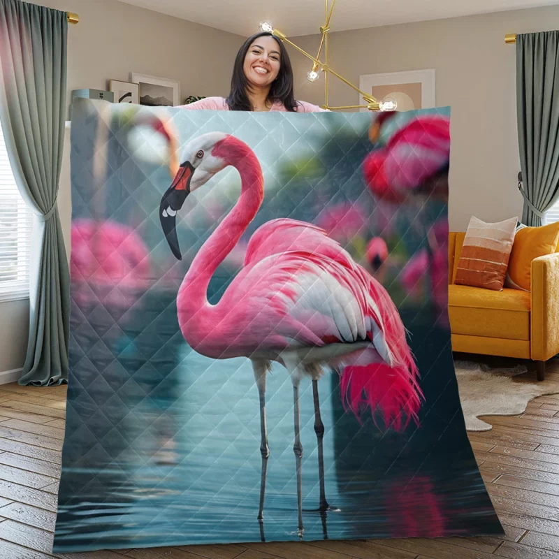 Vibrant Flamingo in Water Quilt Blanket