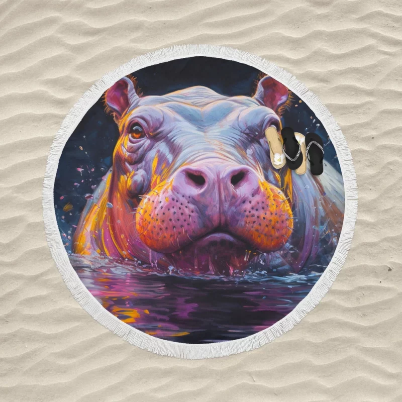 Vibrant Hippo Painting Round Beach Towel