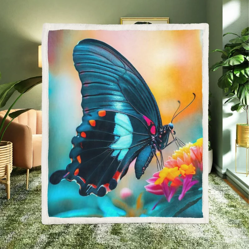 Vibrant Neon Blue Butterfly Sherpa Fleece Blanket