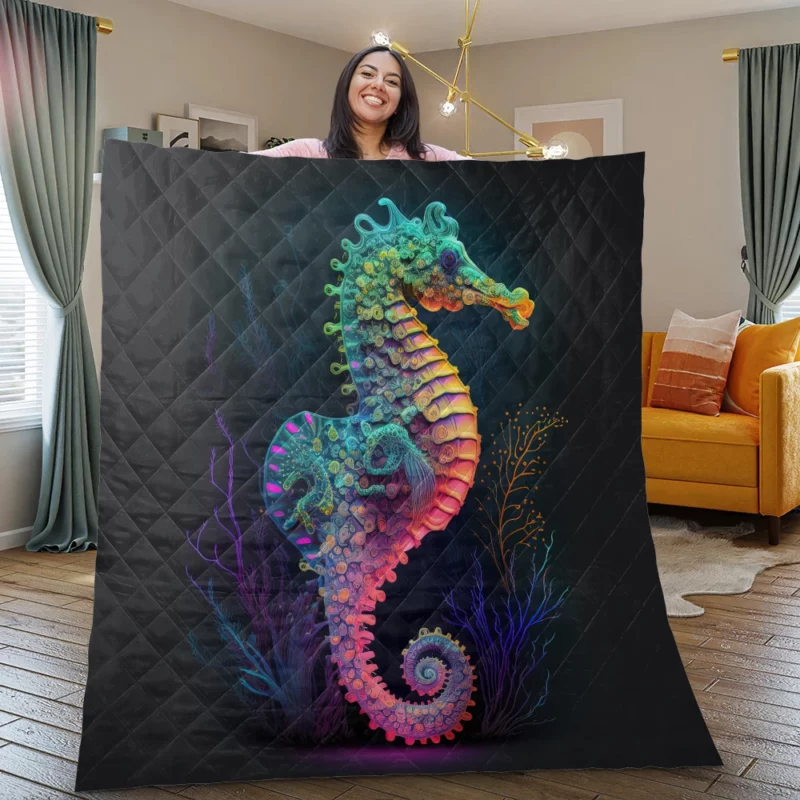 Vibrant Pop Art Seahorse Quilt Blanket