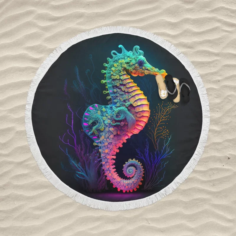 Vibrant Pop Art Seahorse Round Beach Towel