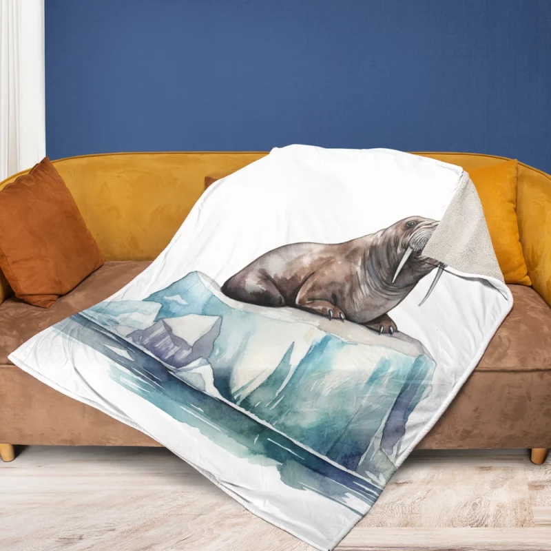 Walrus Sitting on Ice Painting Fleece Blanket 1