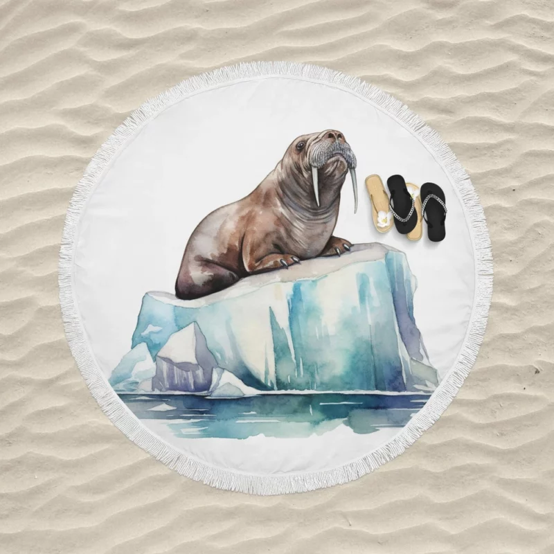 Walrus Sitting on Ice Painting Round Beach Towel