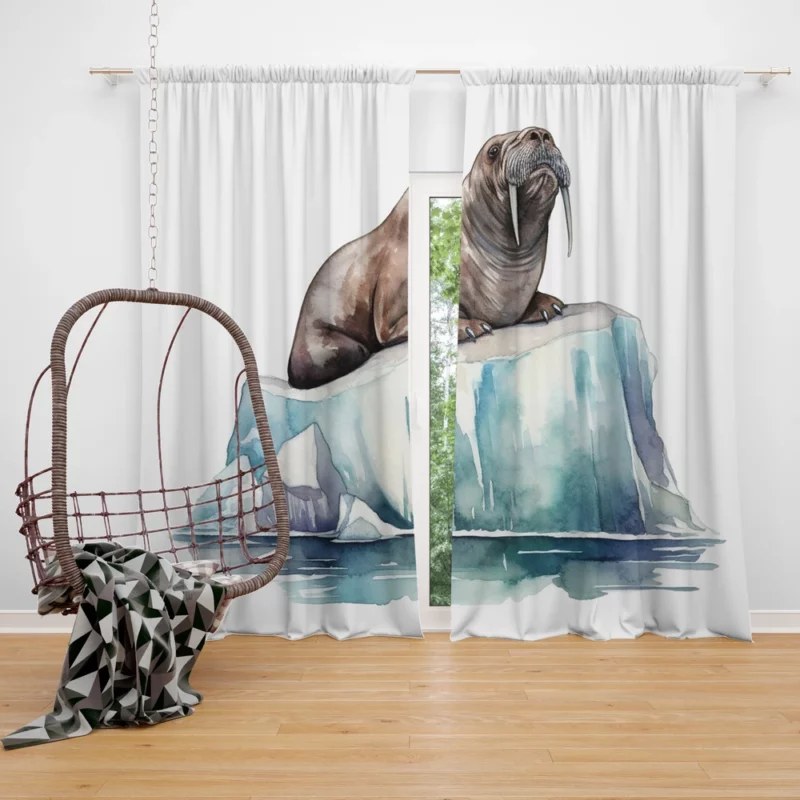 Walrus Sitting on Ice Painting Window Curtain