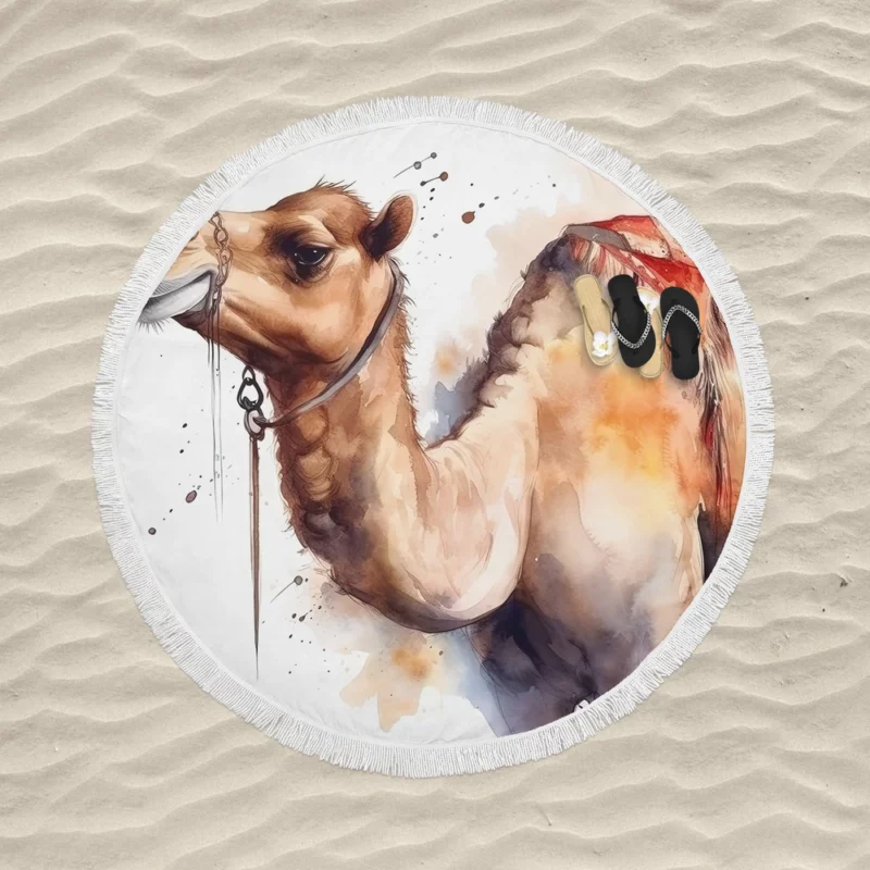 Watercolor Camel Illustration Round Beach Towel