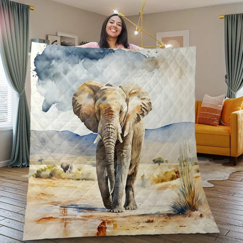 Watercolor Elephant in the Wild Quilt Blanket