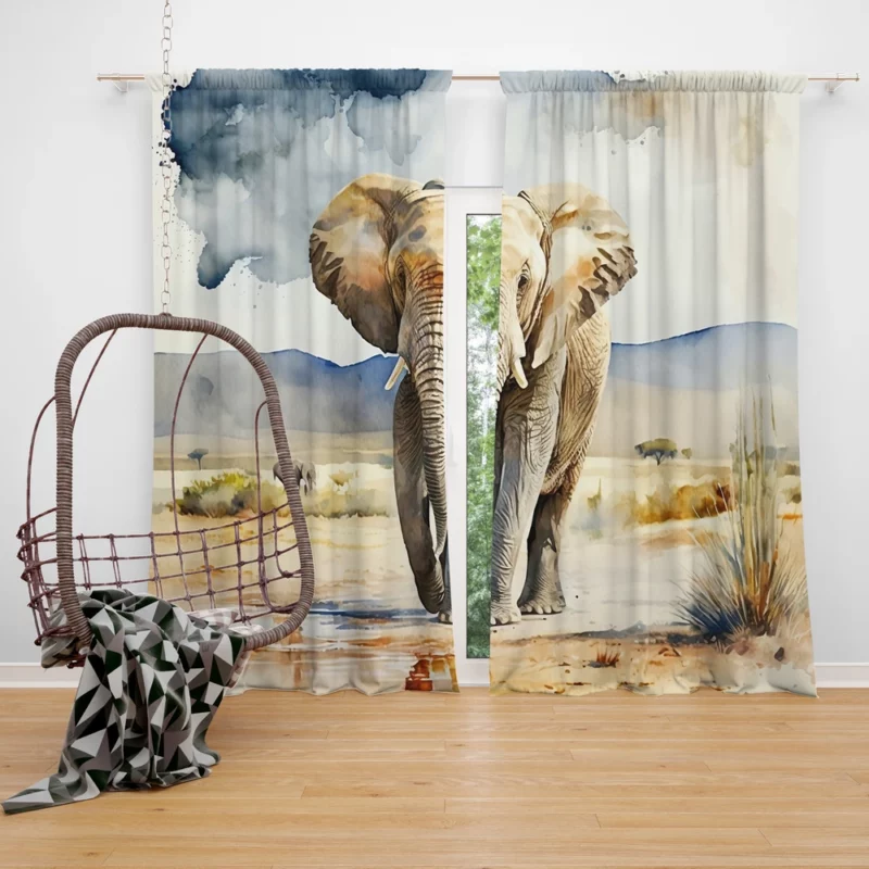 Watercolor Elephant in the Wild Window Curtain