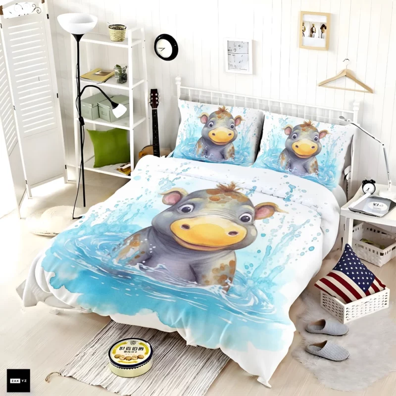 Watercolor Hippo Painting Bedding Set