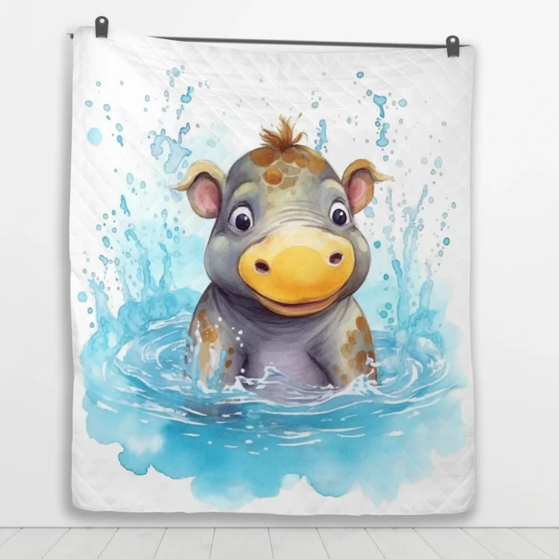 Watercolor Hippo Painting Quilt Blanket 1