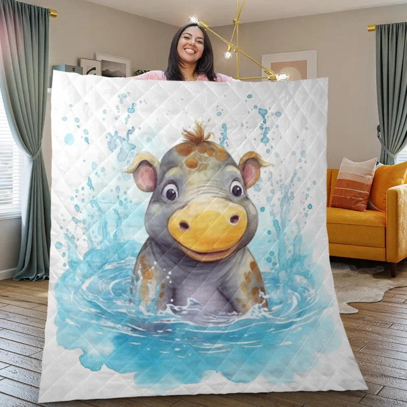 Watercolor Hippo Painting Quilt Blanket