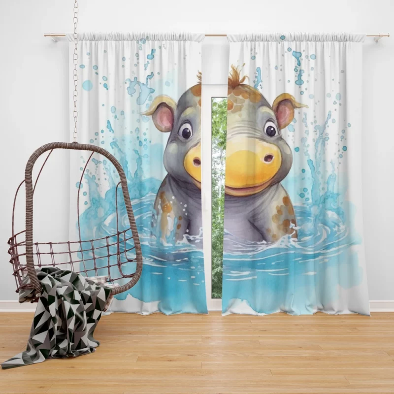 Watercolor Hippo Painting Window Curtain