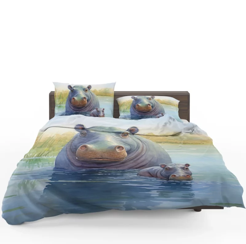 Watercolor Hippos in a Pond Bedding Set 1